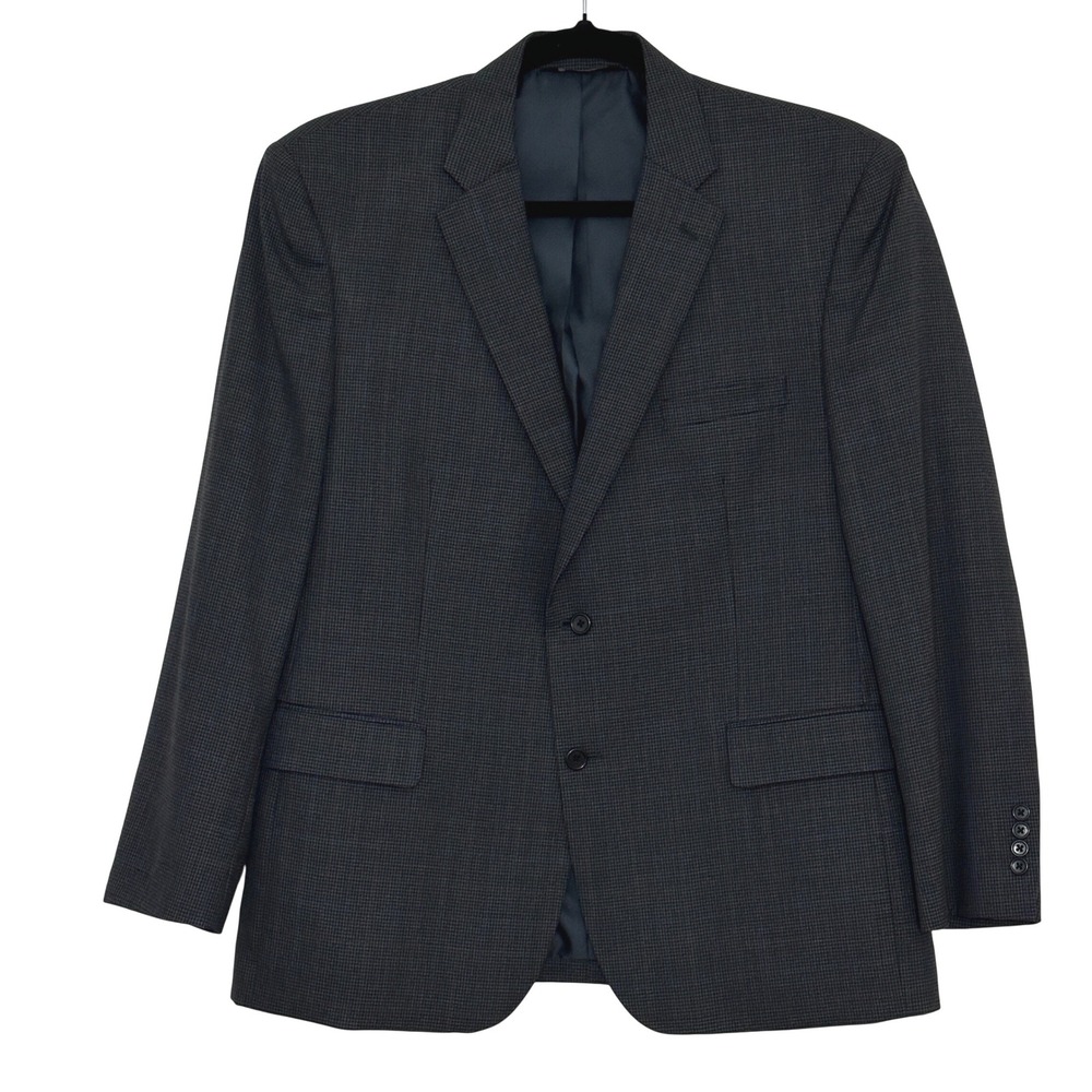 Jos A Bank Men Jacket 46R Executive Wool Blazer Traditional Blue Gray Mini Check